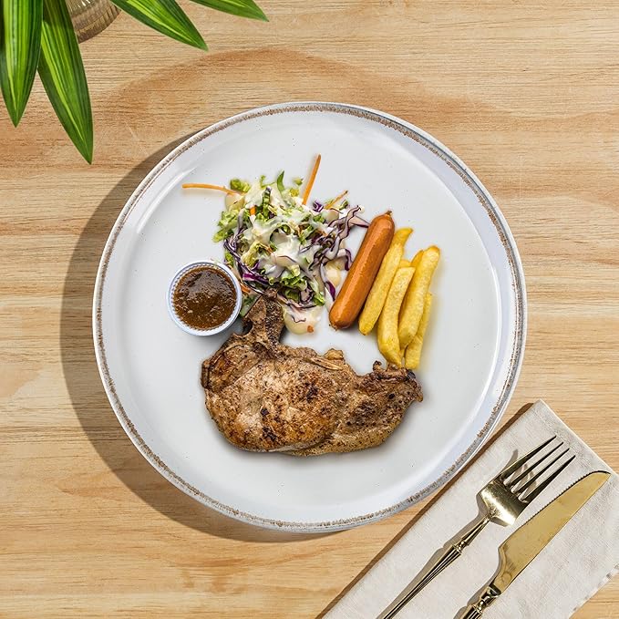 AmorArc 16 Pieces Ceramic Dinnerware Sets for 4, Handpainted Plates and Bowls Set with Rustic Terracotta Underside, Scratch Resistant Stoneware Dishes Set, Dishwasher & Microwave Safe, White