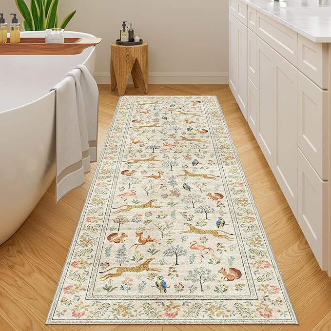 DUKINO 2x10 Rug for Hallway, Washable Kitchen Runner Rug with Non Slip Backing, Soft Low Pile Vintage Animal Runner for Bedroom, Kitchen, Hallway, Entryway, Laundry, White