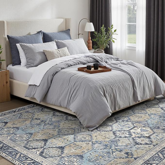 GENIMO 6x9 Area Rugs for Living Room, Machine Washable Non Slip Vintage Rugs, Low Pile Lightweight Chenille Print Rug for Bedroom, Dining Room, Home Office, Brown Blue