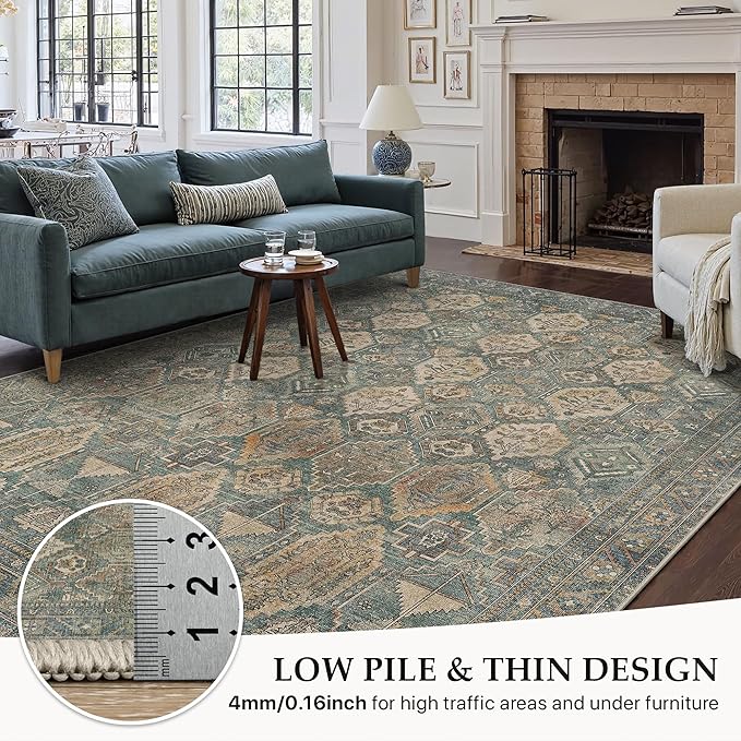 GENIMO 8x10 Area Rugs for Living Room, Machine Washable Non Slip Vintage Rugs, Low Pile Lightweight Chenille Print Rug for Bedroom, Dining Room, Home Office, Sage Teal