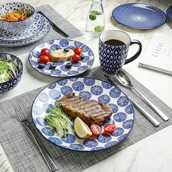 Selamica Ceramic Dinnerware Sets for 4, 16 Pieces Dishes Set, Scratch Resistant Plates and Bowls Sets, Microwave and Dishwasher Safe (Vintage Blue) A