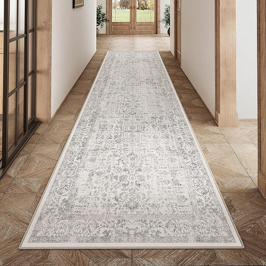 Gray Runner Rug 3x10 Hallway Machine Washable Kitchen Vintage Distressed Non Slip Long Carpet Indoor Grey Retro Floral Bedroom Accent Throw Rug for Bathroom Office Laundry Dining Living Room