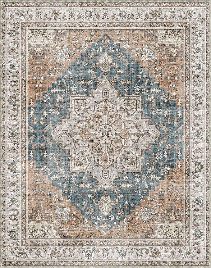 GENIMO 9x12 Area Rugs for Living Room, Non Slip Machine Washable Vintage Rugs, Low Pile Lightweight Chenille Print Large Rug for Bedroom, Dining Room, Home Office, Blue Brown