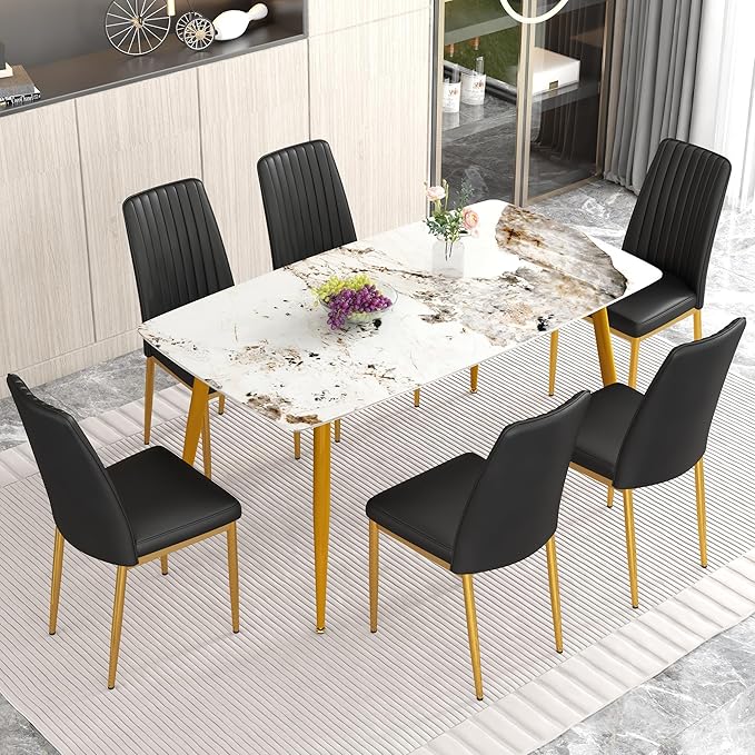 62" Marble Dining Room Table Set for 6 Rectangle Modern Dinner Table with Sintered Stone Top Golden Metal Legs Kitchen Table Chair Set for Dining Room (62" Golden+6Black Chairs)