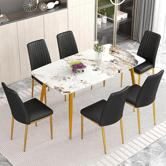 62" Marble Dining Room Table Set for 6 Rectangle Modern Dinner Table with Sintered Stone Top Golden Metal Legs Kitchen Table Chair Set for Dining Room (62" Golden+6Black Chairs)