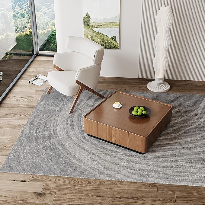 Luxury Square Coffee Table for Living Room, Fully Assembled Solid Wood Center Table with 2 Hidden Storage Drawers,Raised Edge Design Elegant Walnut Finish