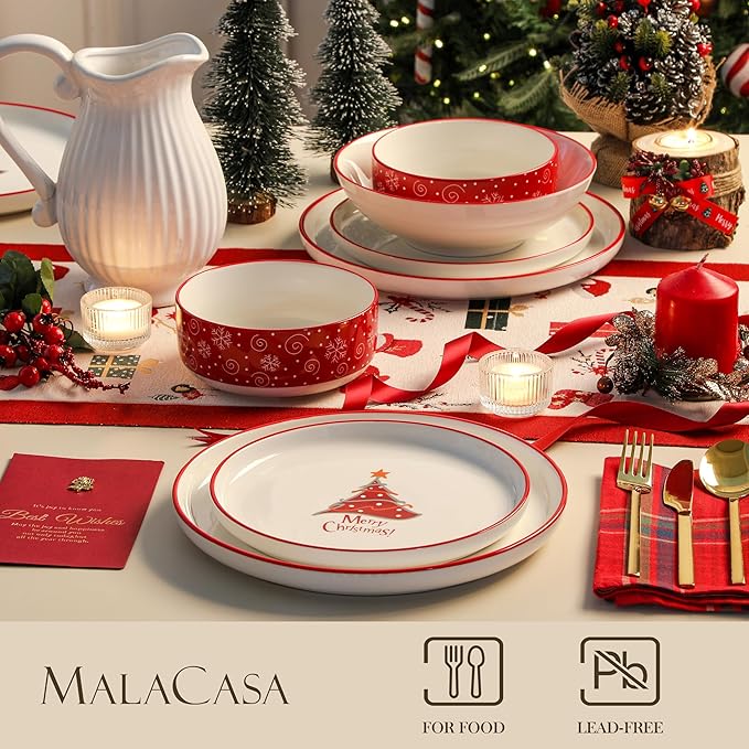 MALACASA Plates and Bowls Sets, 24 Pieces Christmas Porcelain Dinnerware Set for 8, Ceramic Dishware Dishes Kitchen Dining Ware Set, Microwave and Dishwasher Safe, Series LUNA-Christmas Tree