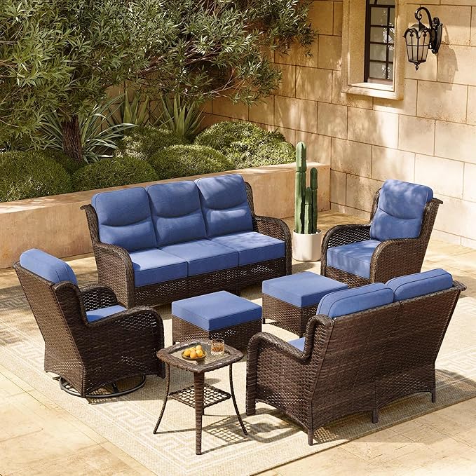HILLGA Luxury Patio Furniture Set with 6-inch Thick Cushion, Outdoor Couch, Loveseat and High Back Swivel Rocker Patio Chairs, 7PCS Wicker Conversation Set for Deck Yard and Poolside, Blue (V2)
