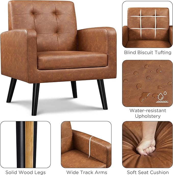 Yaheetech Mid-Century Accent Chairs, PU Leather Modern Upholstered Living Room Chair, Cozy Armchair Button Tufted Back and Wood Legs for Bedroom/Office/Cafe, Retro Brown 2 PCS