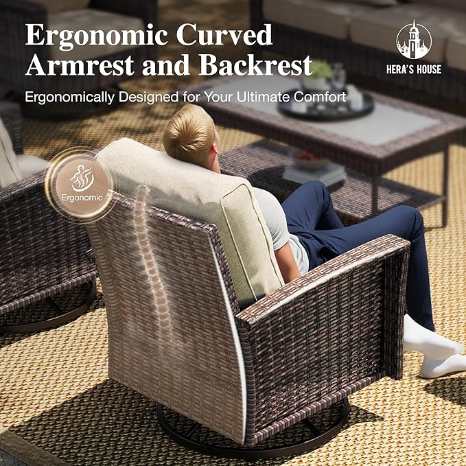 HERA'S HOUSE High Back Patio Furniture Set with Swivel Chairs, Outdoor Wicker Conversation Sets with 5.5" Comfy Cushions, 4 Piece Outside Sofa Sets, Beige