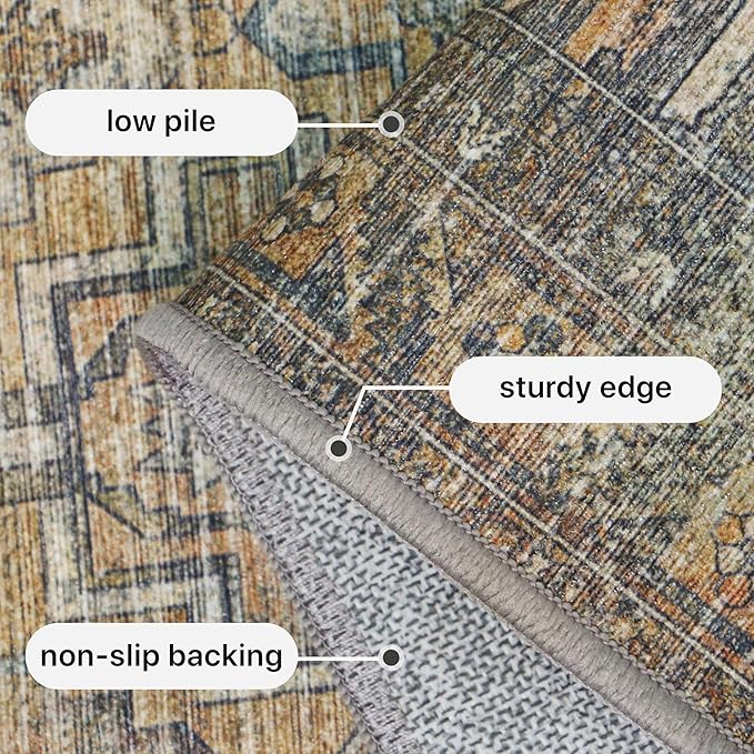 GENIMO 4x6 Area Rugs for Living Room, Machine Washable Non Slip Vintage Rugs, Low Pile Lightweight Chenille Print Rug for Bedroom, Dining Room, Home Office, Warm Taupe