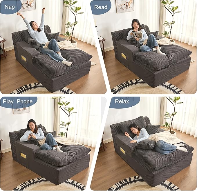 63" Oversized Chaise Lounge Chair Indoor, Extra Cloud Layer, Convertible Sleeper Sofa Couch with Removable Pillows & Side Pockets, Corduroy Upholstered Sofa Bed with Armrests for Living Room, Grey
