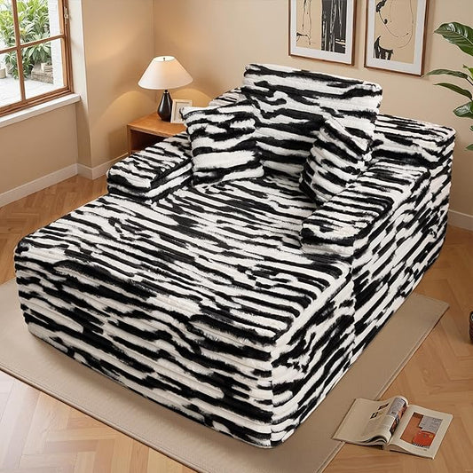 Chaise Lounge Chair Indoor, Oversized Sleeping Couch 67" L * 48.5" W Assembly Free Modern Minimalist Sofa, Extra Deep Large Single Seat Sofa for Living Room (Black&White Plush)