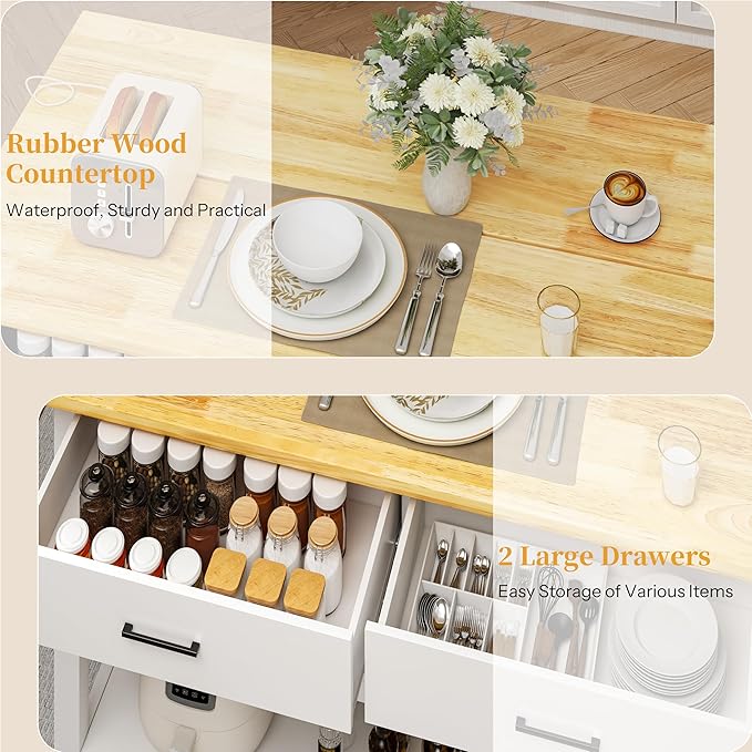 47.3" Solid Rubberwood Kitchen Island with Power Outlets - Extra Large Work Surface, 2 Drawers & Open Shelves Storage Cabinet for Kitchen Dining Room, Farmhouse Style (White)