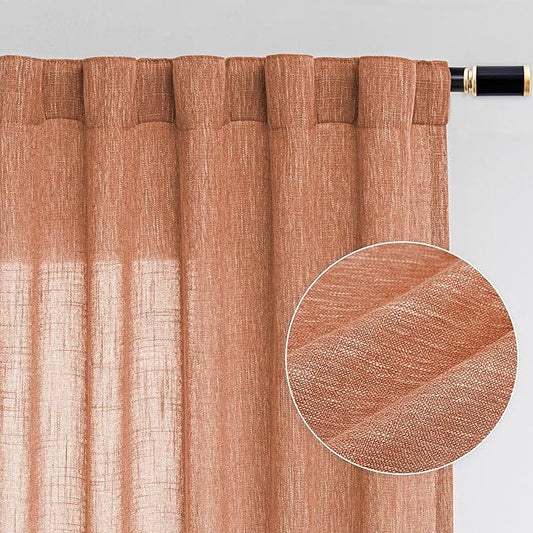 MYSKY HOME Floor Length Burnt Orange Curtains 95 Inch Long Panels, Boho Curtains Farmhouse for Living Room Sliding Glass Door, Rod Pocket Linen Look Texture Light Filtering, 50" x 95", Orange, Pack-2