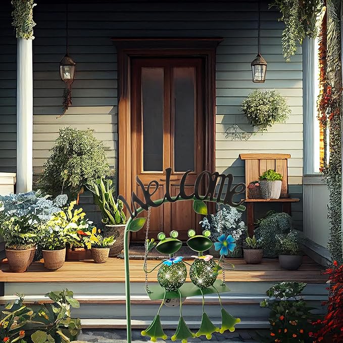 Frog Solar Light Garden Outdoor Decoration Swing Metal Stake Lamp with Welcome Sign Waterproof Patio Yard Decor Gifts-48 inch