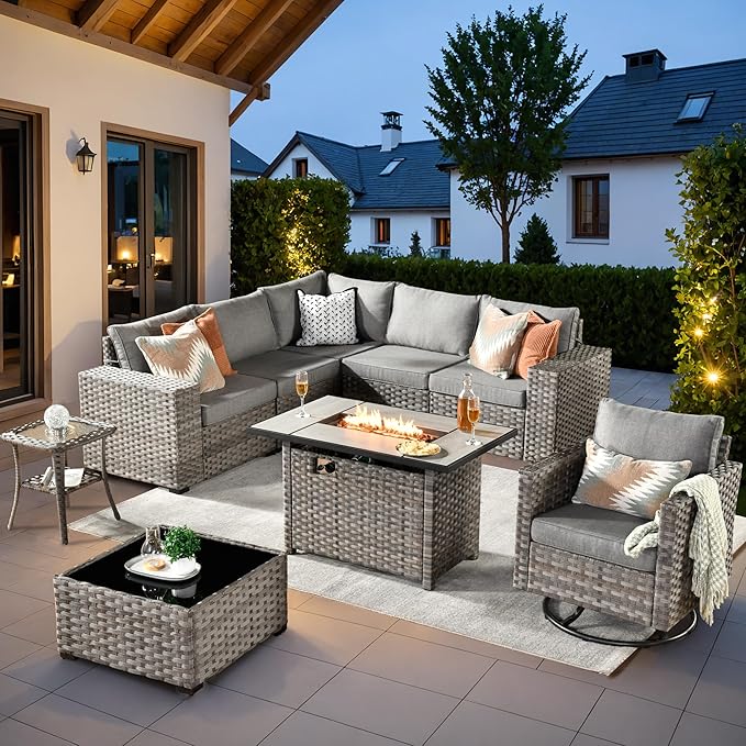 ovios 9 Pieces Patio Furniture Set, Outdoor Wicker Sectional Sofa with 42" Fire Pit Table Swivel Chair, Modern Modular Deep Seat Rattan Couch Conversation Sets, Dark Grey