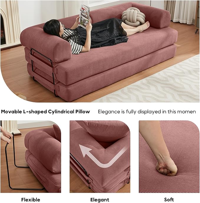Convertible Sleeper Sofa Bed with Cylindrical Pillow, Corduroy Folding Boneless Couch with Fixed-Shape Frame, Floor Sofa Lounge Couch for Living Room Bedroom Lounge Studio-Pink