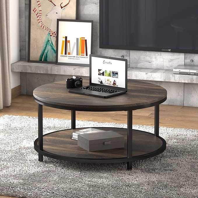 NSdirect 36 inches Round Coffee Table, Rustic Wooden Surface Top & Sturdy Metal Legs Industrial Sofa Table for Living Room Modern Design Home Furniture with Storage Open Shelf(Rustic Brown)