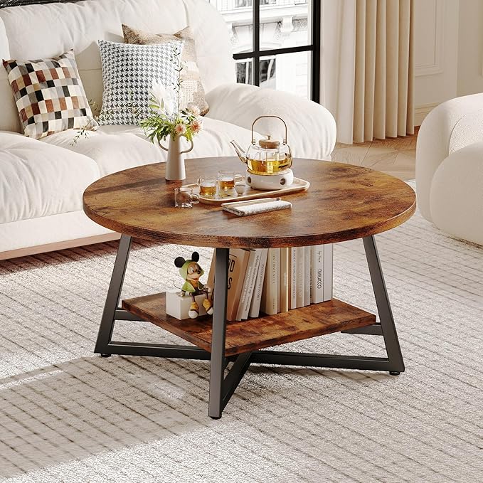 Round Coffee Table, Small Circle Coffee Table with Storage, Modern Wood Round Center Table for Living Room, Home Office, Small Space, Easy Assembly, Rustic Brown