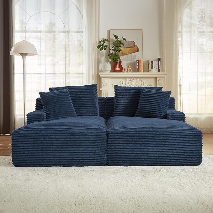Oversized Double Chaise Lounge, Corduroy Boneless Couch, Modern Oversized Chaise Lounge, Upholstered Sleeper Sectional Sofa Daybed with Throw Pillows and Armrest for Living Room, Blue