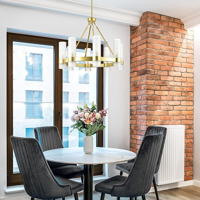 Linea di Liara Teramo Gold Chandelier Dining Room Light Fixture Small Wagon Wheel Chandelier Round Industrial Modern Farmhouse Chandeliers for Dining Room Foyer, Frosted Glass, UL Listed