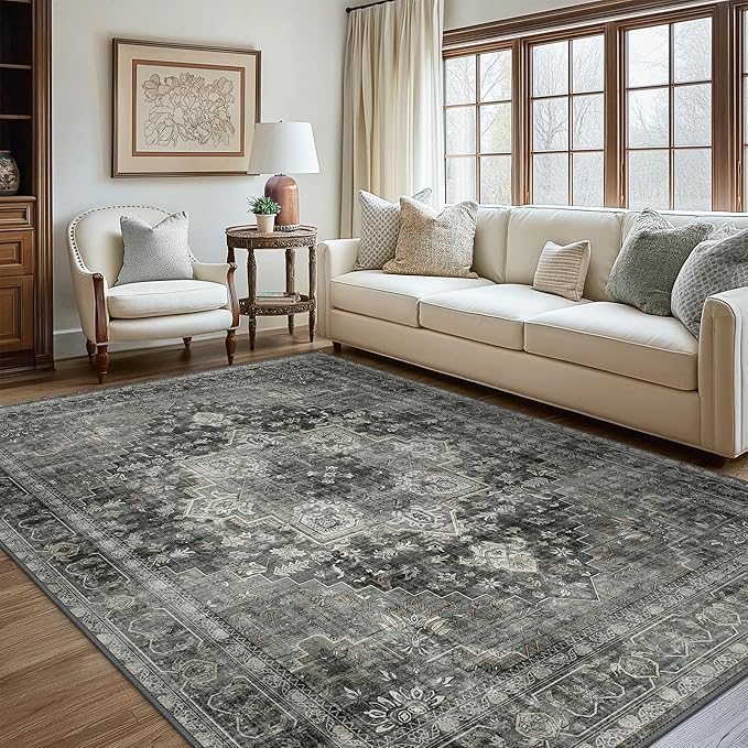 GENIMO 9x12 Area Rugs for Living Room, Machine Washable Non Slip Vintage Rugs, Low Pile Lightweight Chenille Print Rug for Bedroom, Dining Room, Home Office,Charcoal Gray