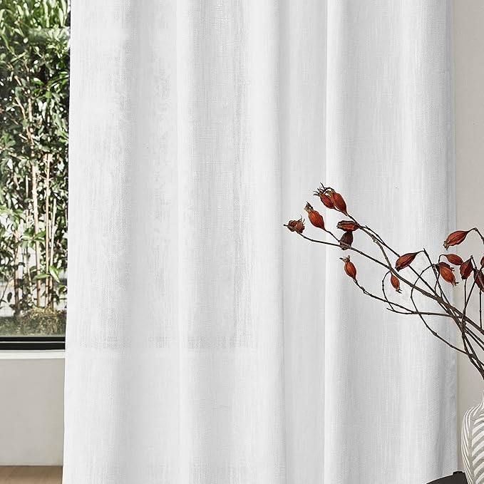 MYSKY HOME Short Curtains for Small Kitchen Windows 45 inches Length, Linen Look Curtain Drapes Cotton Polyester Blend, Soft Fabric Light Filtering Privacy Protect, 50 x 45 inches, White, 2 PCs