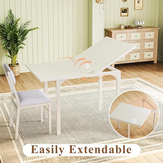 Dining Table Set for 4, Extendable Kitchen Table Cushion Chairs Set of 4, Rectangle Dining Table with Metal Frame & MDF Board, Folding for Small Apartment Saving Space, White