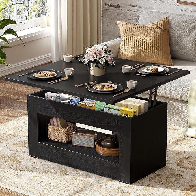 40" Lift Top Coffee Table, 4 in 1 Multi-Function Lift Coffee Tables with Storage and Hidden Compartment, Convertible Coffee Table to Dining Table for Living Room, Black