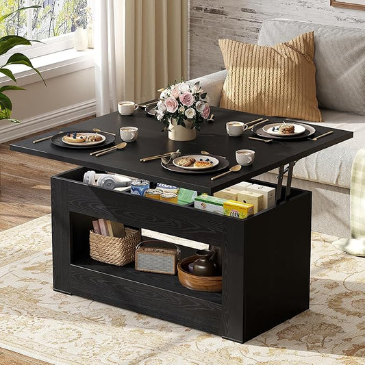 40" Lift Top Coffee Table, 4 in 1 Multi-Function Lift Coffee Tables with Storage and Hidden Compartment, Convertible Coffee Table to Dining Table for Living Room, Black