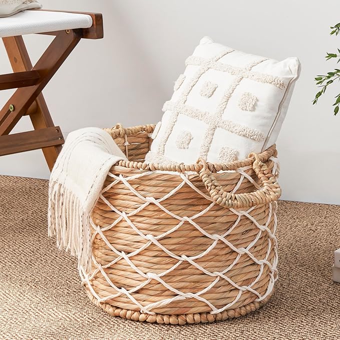Woven Water Hyacinth Wicker with Rope Storage Basket (18" x 18" x 12.2" - Natural Brown) - Ideal for Halloween, Thanksgiving, and Home Organization