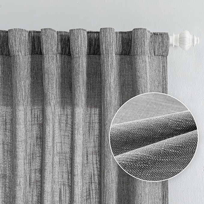 MYSKY HOME Living Room Curtains Semi Sheer Light Filtering Privacy Drapes Linen Look Textured Boho Home Decor, Backdrop Curtain for Parties, 50" x 84", Dark Grey, 2 Panels