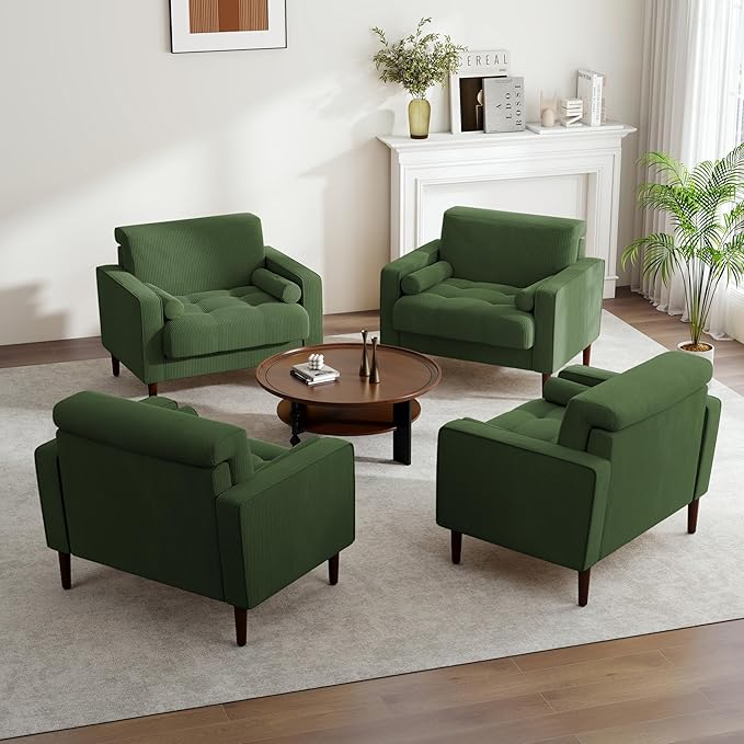 UIXE Accent Chair, Corduroy Fabric Upholstered Armchair for Living Room, Comfy Arm Chair Single Sofa Bedroom Reading Seat with Solid Wood Legs - Green