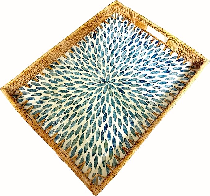 i-lan 18inch Rectangle Rattan Woven and Blue Mother of Pearl Dining Room Table Serving Tray Display Basket with Cutout Handles,Living Room Boho Wicker and MOP Coffee Table Serving Tray Décor