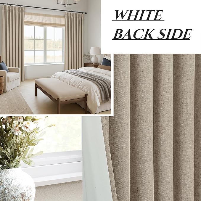 Black Out 96 Inch Long Boho Curtains 2 Panel Set, Farmhouse Curtains for Living Room Darkening/Thermal/Noise Reduction Textured Flax Linen Pinch Pleated Drapes 8ft Hook&Ring Included GreyBeige 40"x96"