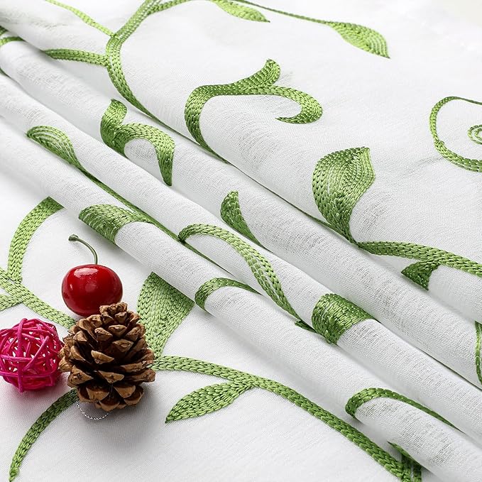 VISIONTEX Embroidered Green Sheer Voile Curtains, Leaves Embroidery Faux Linen Rod Pocket Window Drapes for Living Room and Girls Bedroom 54 x 84 Inch, Set of 2 Curtain Panels