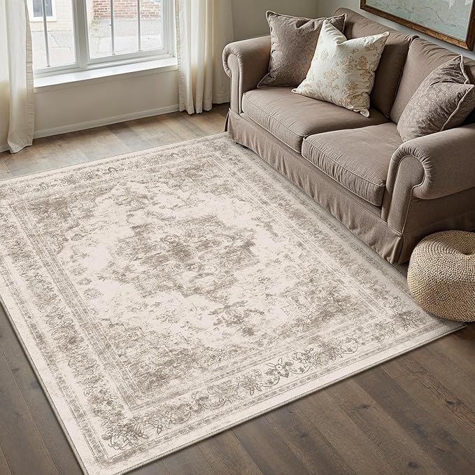 Area Rug 3x5 Washable Taupe Rug Vintage Boho Medallion Entryway Door Mat Entrance Distressed Retro Carpet Non Slip Low Pile Small Soft for Office Kitchen Bedroom Laundry Bathroom Hallway