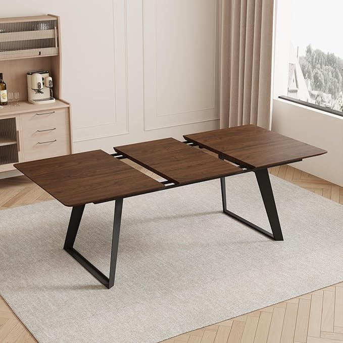 ZckyCine 63"-79" Extendable Dining Table Set for 6, Modern Walnut Color Table with 6 Brown Chairs, Retractable Wood Table and Chair Set for Kitchen and Dining Room