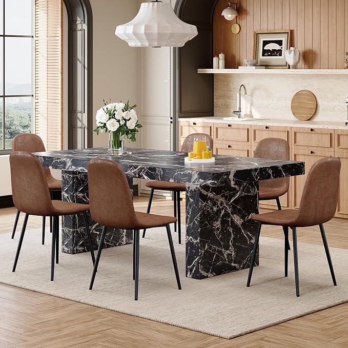 79" Marble Dining Table Set｜Modern Dining Table Set with 6 Suede Chairs｜Engineered Wood with Marble Pattern Tabletop｜Widened and Stable Tablelegs｜Easy Assembly