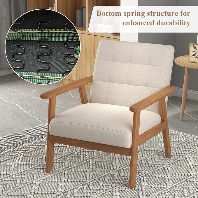 Westice Accent Chair Set of 2, Mid-Century Modern Living Room Chairs with Solid Wood Frame & Soft Thicken Cushion, Upholstered Arm Reading Chair for Bedroom, Balcony, Beige Linen Fabric & Natural Legs
