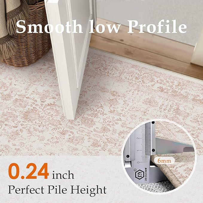 Pink Runner Rug 2x8 Hallway Machine Washable Kitchen Vintage Distressed Non Slip Long Carpet Indoor Retro Floral Bedroom Accent Throw Rug for Bathroom Office Laundry Dining Room