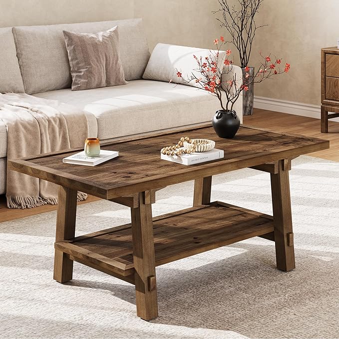 Solid Wood Coffee Table, 47-Inch Farmhouse Rectangle Coffee Table for Living Room, 2-Tier Rustic Wooden Center Furniture with Storage, Vintage Brown