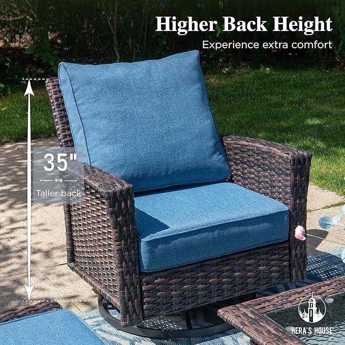 HERA'S HOUSE Outdoor Wicker Swivel Chairs with 5.5" Thick Cushions, 35" High Back Patio Chairs Set of 2, Deck Balcony Backyard Furniture, Navy Blue