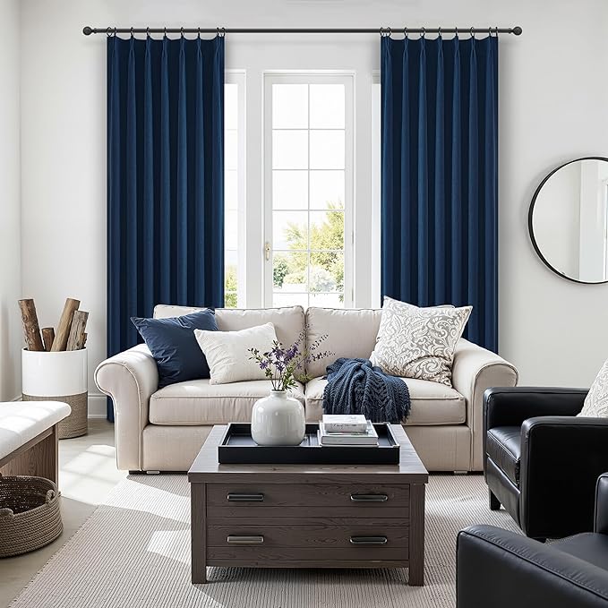 Navy Blue Blackout Curtains 108 Inch Length for Kids/Boys Rooms/Bedroom, Pinch Pleated Drapes with Hooks Viral Linen Thermal Coastal Curtain Dark Blue Window Burg (40" Wx108 Lx 2 Panels)