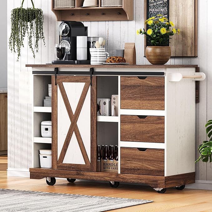 55.5" Farmhouse Kitchen Island with Drop Leaf, Kitchen Storage Island with Barn Door, Power Outlet, for Home, Kitchen, Dining Room, White