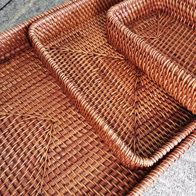i-lan Set of 3 Handmade Coffee Rattan Rectangle Serving Tray 14" Honey Brown Wicker Serving Organizer Fruit Platter with 2” Wall Long Rectangle Decorative Bathroom Accessories Basket Tray