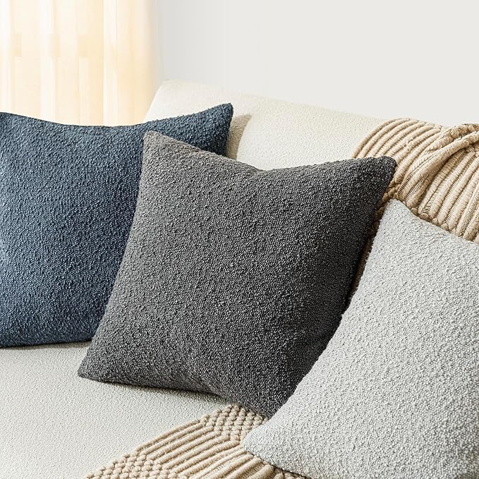 Foindtower Set of 2, Decorative Textured Boucle Throw Pillow Covers Accent Solid Pillow Cases Neutral Soft Cozy Couch Cushion Case for Chair Sofa Bedroom Living Room Home Decor 16 x 16 Inch Dark Grey