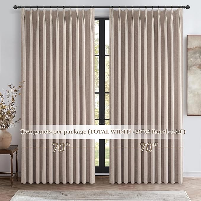 Pinch Pleated Flax Linen Blackout Extra Wide Curtain Panels for Living Room/Sliding Glass Door, Thick Burlap Memory Trained Window Drapes Insulated with Back Tab Dining Room (70"Wx102"Lx2 Panels)