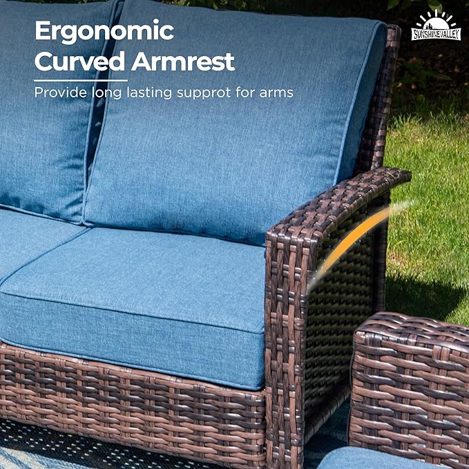 Patio Furniture Set with Swivel Chairs, High Back Wicker Rattan Furniture with 5.5" Thick Cushions and Coffee Table, Outdoor Conversation Set for Backyard Deck,5 Seats, Blue